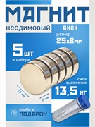 Неодимовые магниты 25х8 мм, диски, MaxPull, набор 5 шт. в тубе D-25-8-MPL