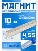 Неодимовые магниты 10х10х10 мм, прямоугольники, MaxPull, набор 10 шт. в тубе P-10-10-10-MPL