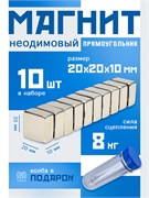 Неодимовые магниты 20х20х10 мм, прямоугольники, MaxPull, набор 10 шт. в тубе P-20-20-10-MPL